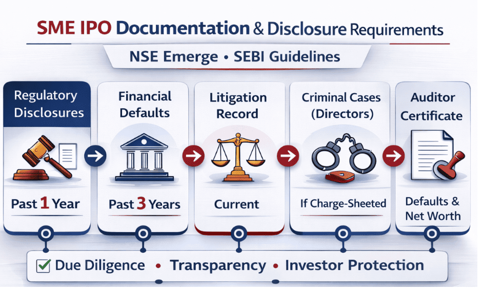 Mandatory disclosure requirements and documentation checklist for SME IPO listing on NSE Emerge platform SEBI guidelines