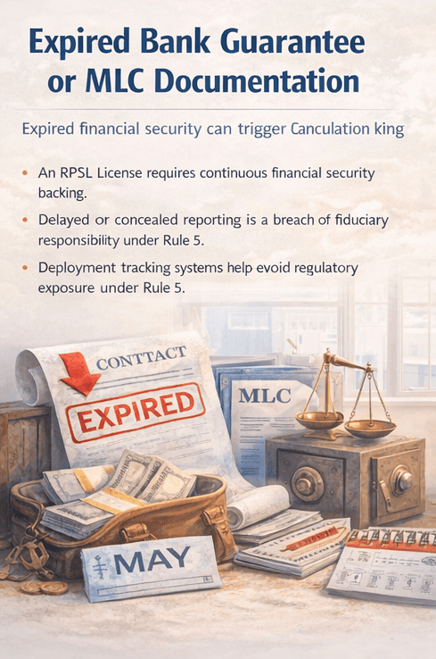 Expired bank guarantee and MLC documents triggering RPSL License cancellation