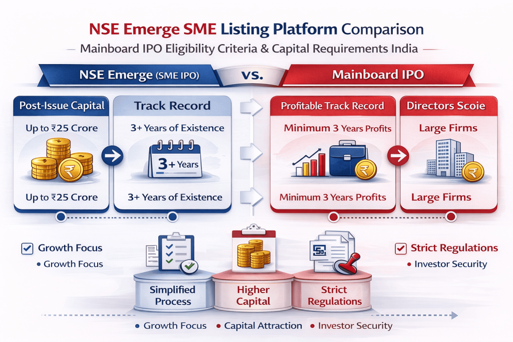 NSE Emerge SME listing platform comparison with the mainboard IPO eligibility criteria and capital requirements in India