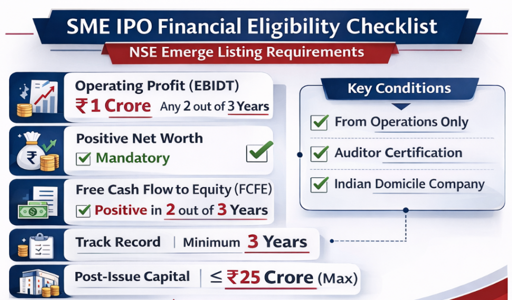 Financial eligibility criteria for NSE Emerge SME IPO listing, including operating profit networth and cash flow requirements