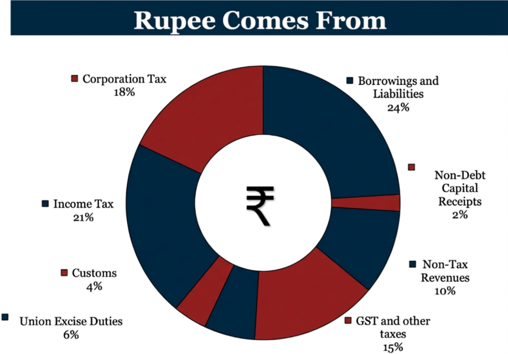 Breakdown of government revenue sources including taxes and borrowings