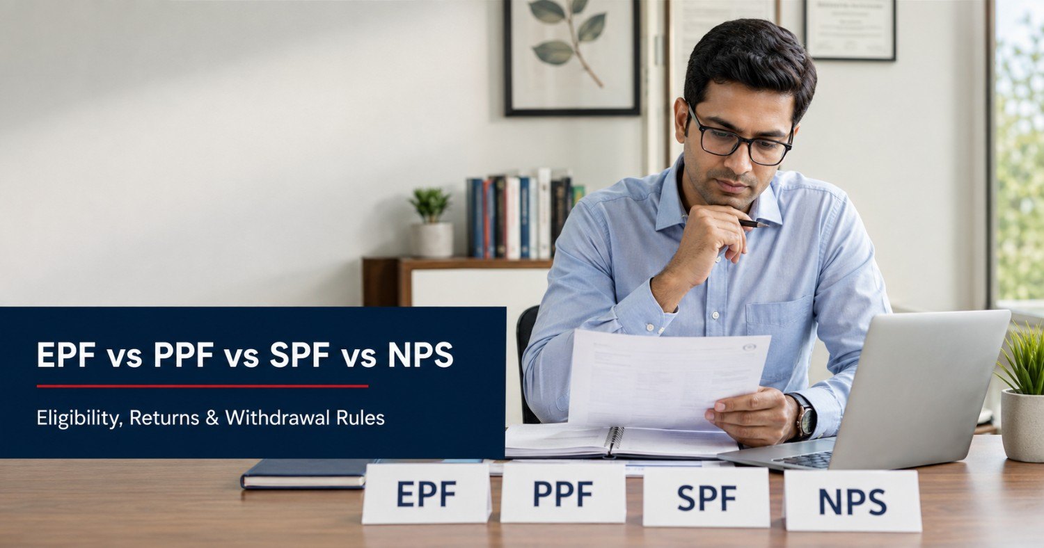 comparing EPF, PPF, SPF and NPS retirement options and withdrawal rules