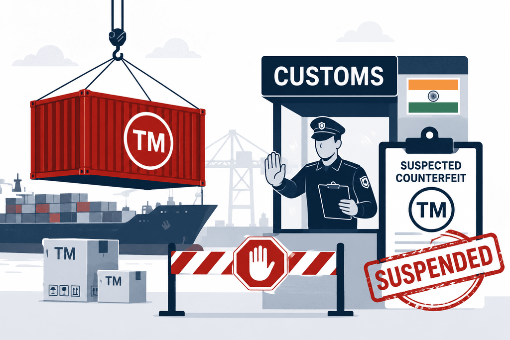 Illustration of customs suspending a suspected counterfeit shipment at an Indian port