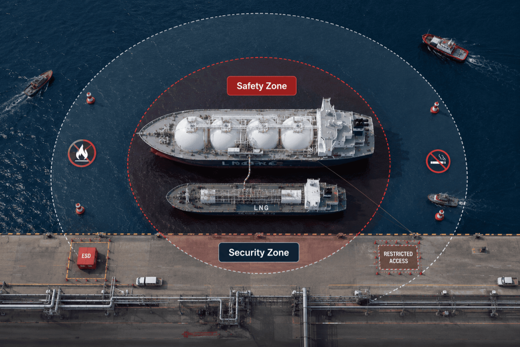 LNG bunkering safety zone and security zone around a vessel during fuel transfer