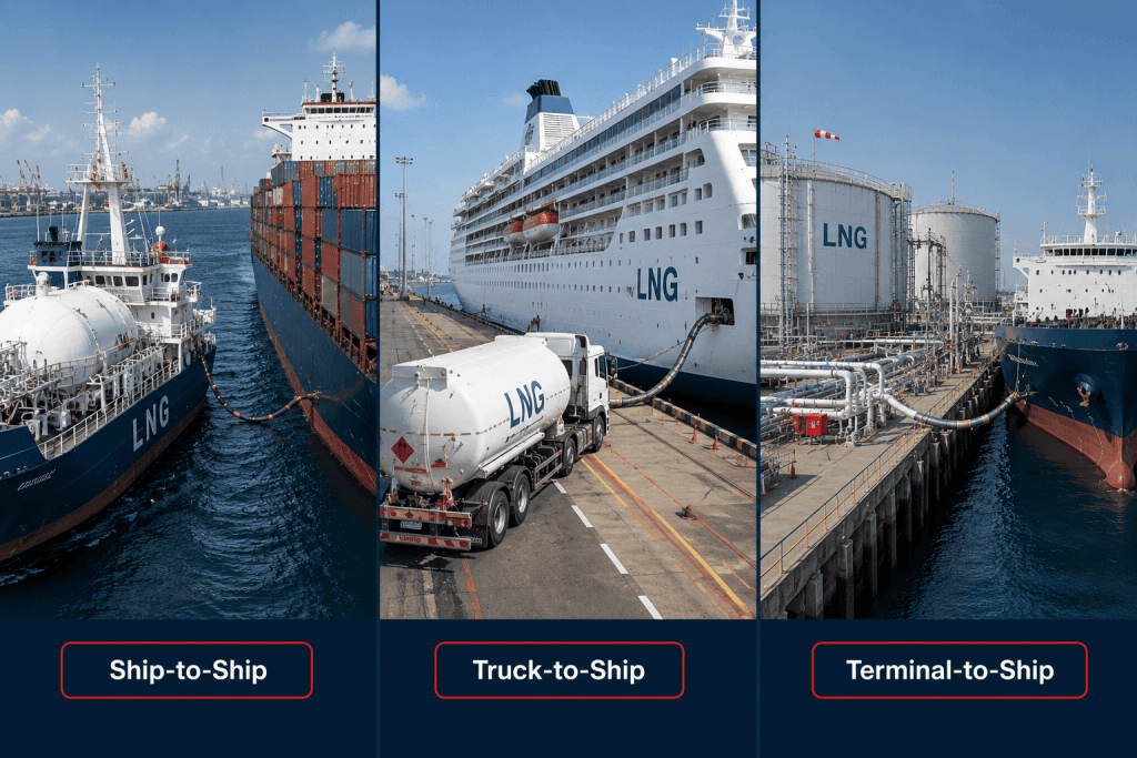 Three LNG bunkering methods in India showing ship-to-ship, truck-to-ship and terminal-to-ship LNG fuel transfe