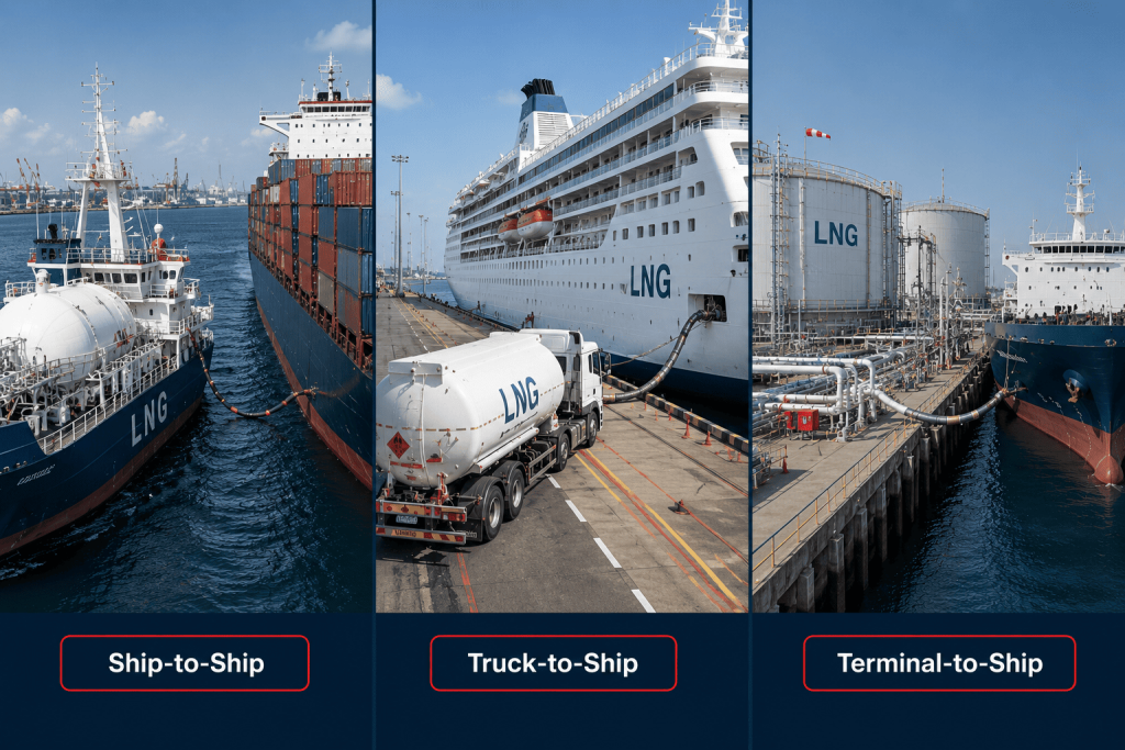 Three LNG bunkering methods in India showing ship-to-ship, truck-to-ship and terminal-to-ship LNG fuel transfe