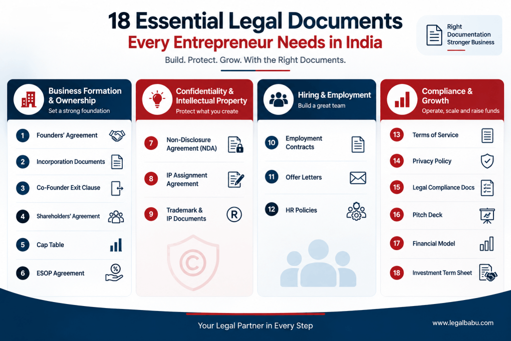 18 essential legal documents for entrepreneurs in India, grouped by business stage.