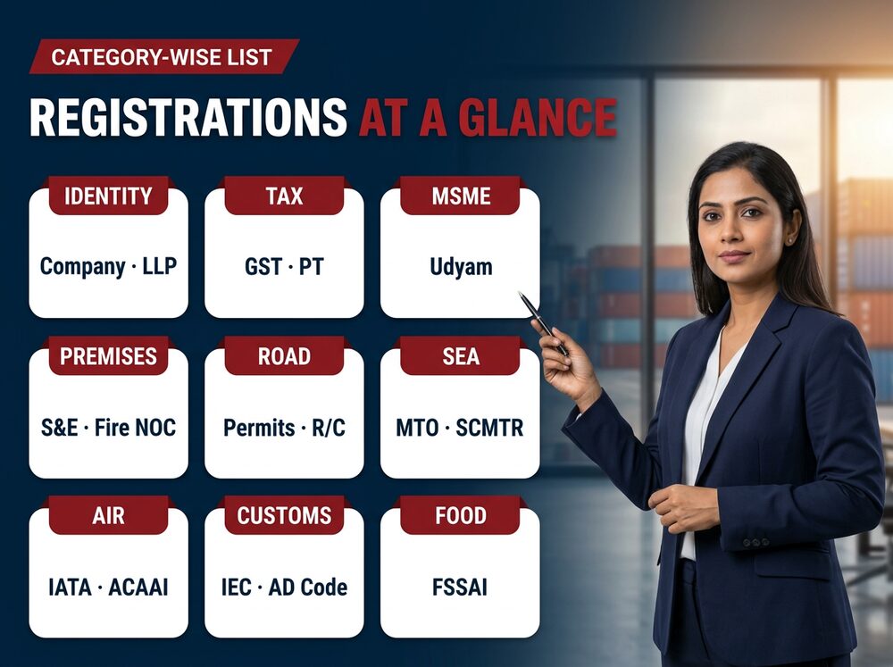 Nine-category grid of registrations for a logistics business in India