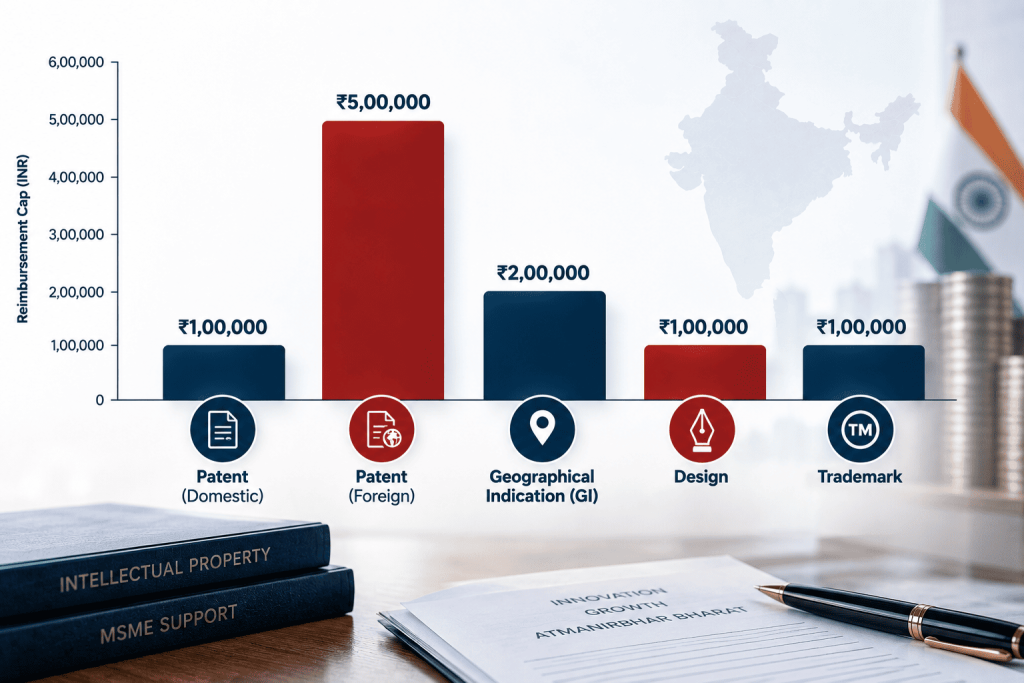 Bar chart comparing MSME Innovative Scheme reimbursement caps for patents, trademarks, designs and GI