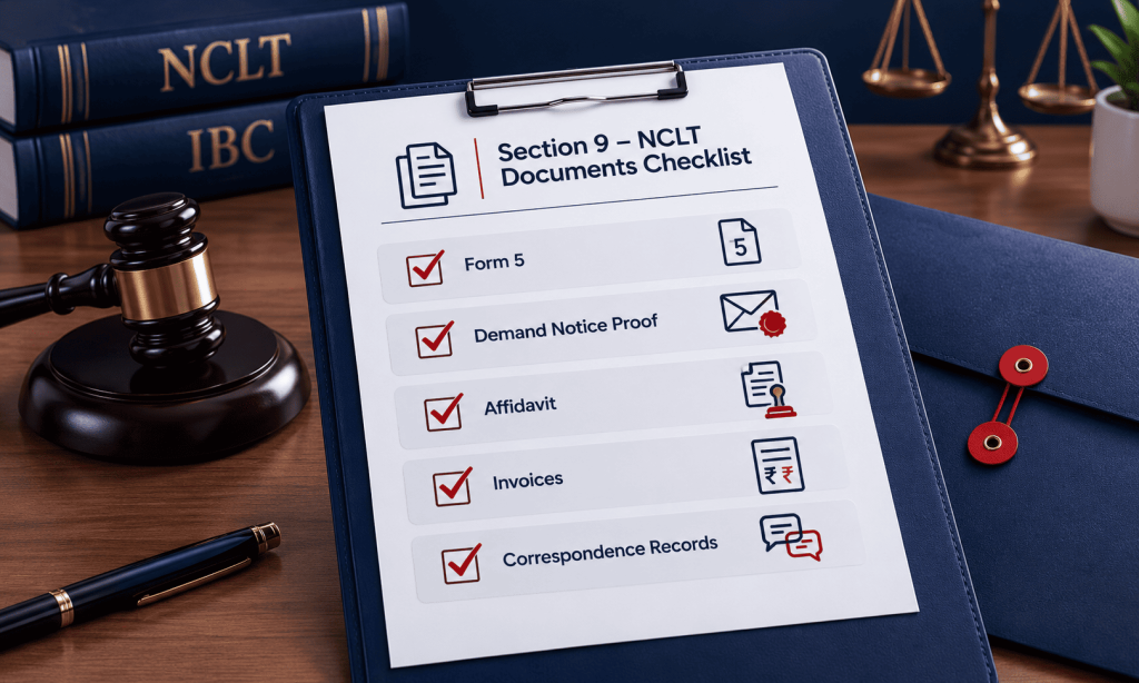 Checklist of documents required to file a Section 9 case in NCLT for payment recovery.