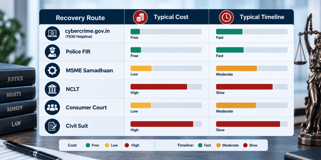 Comparison chart of MSME Samadhaan, NCLT, consumer court and police FIR for money recovery