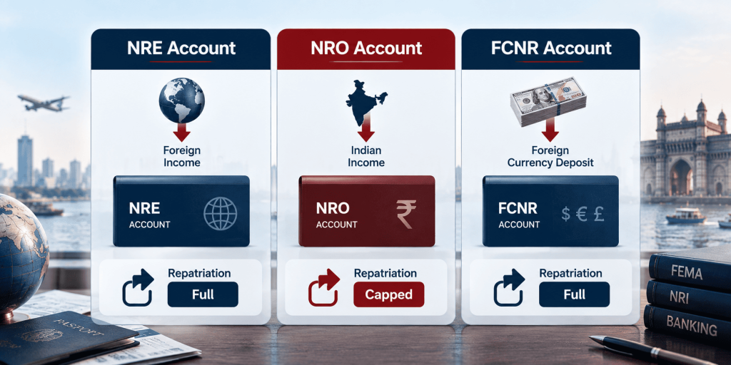 Comparison graphic of NRE, NRO, and FCNR account repatriation and tax rules under FEMA