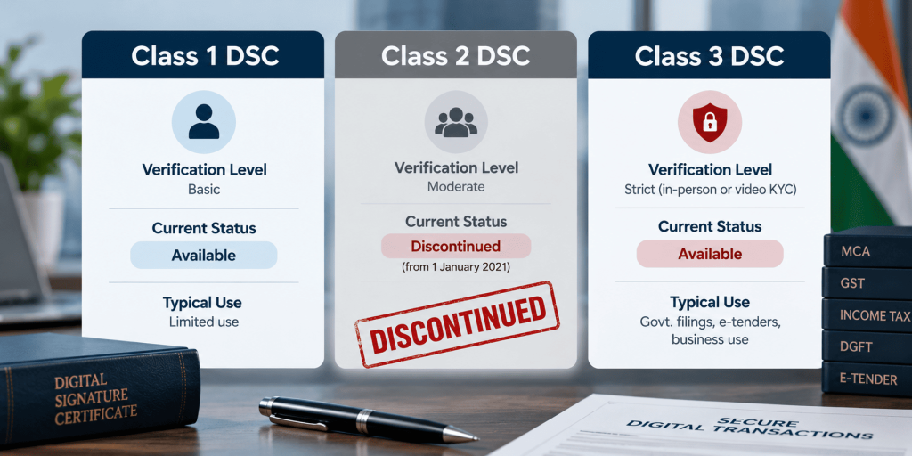 Comparison of Class 1, Class 2, and Class 3 digital signature certificates in India