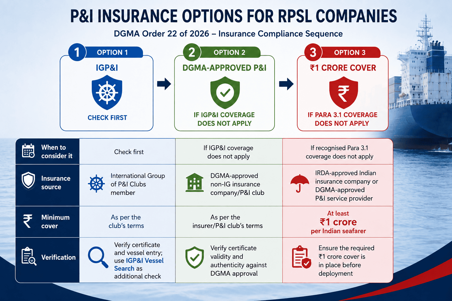 Flowchart of DGMA Order 22 P&I insurance compliance routes for RPSL companies