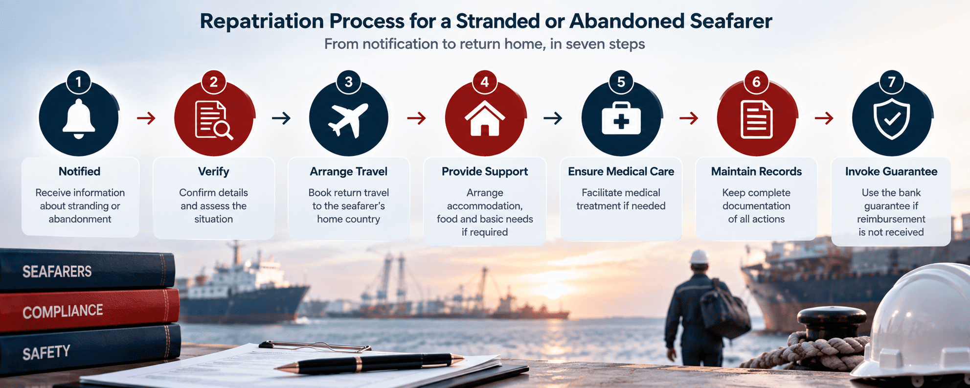 Flowchart of RPSL company steps to repatriate a stranded or abandoned seafarer.