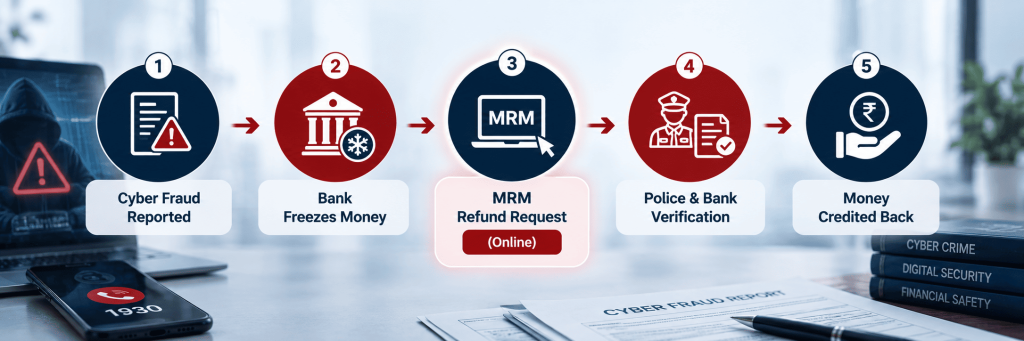 Flowchart showing how the Online Money Restoration Module fits into the cyber fraud refund process