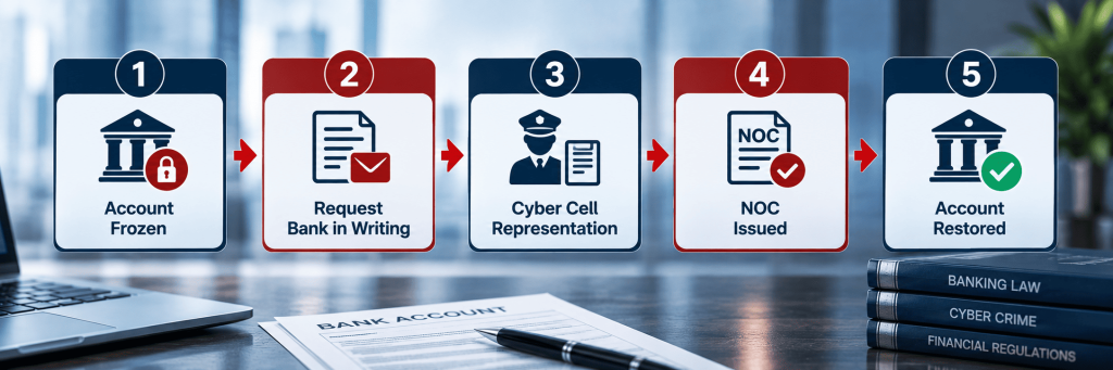 Flowchart showing steps to unfreeze a bank account frozen after a cyber crime complaint