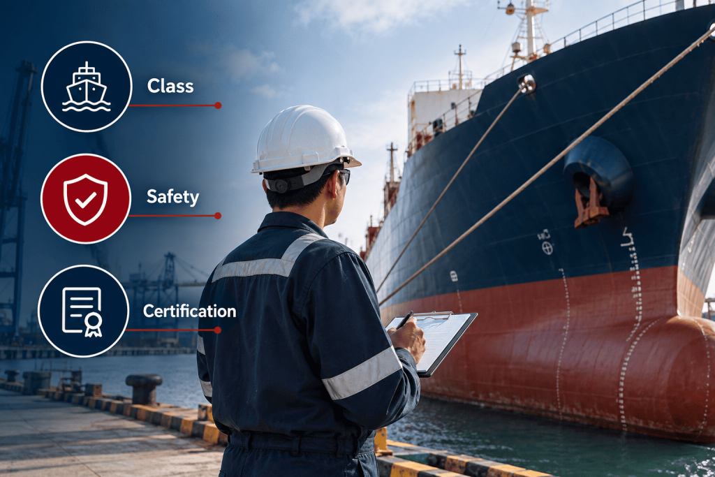IACS classification society surveyor inspecting a cargo ship for safety and certification