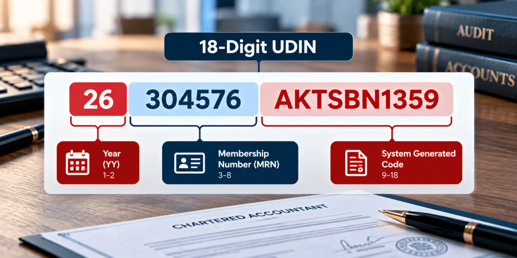 Infographic breaking the 18-digit UDIN into year, membership number and system code
