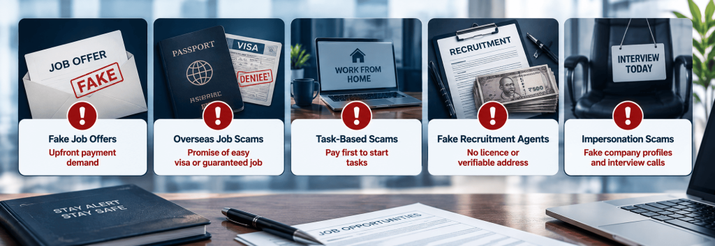 Infographic listing red flags of common job scams in India