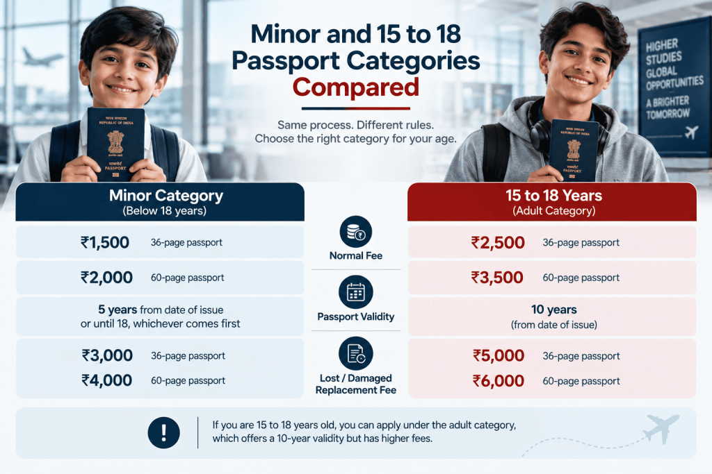 Minor and 15 to 18 passport categories compared