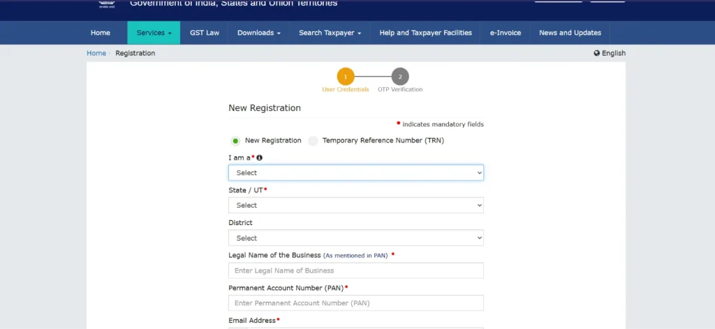 Enter details for GSTIN registration