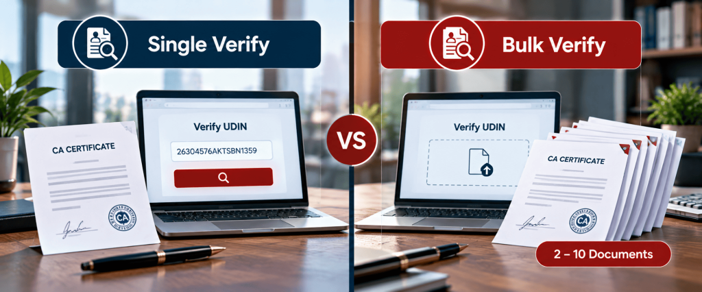 Side-by-side graphic comparing Single Verify and Bulk Verify on the UDIN portal