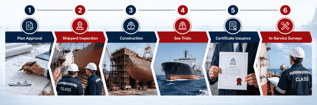 Six steps in the ship classification process from plan approval to in-service surveys