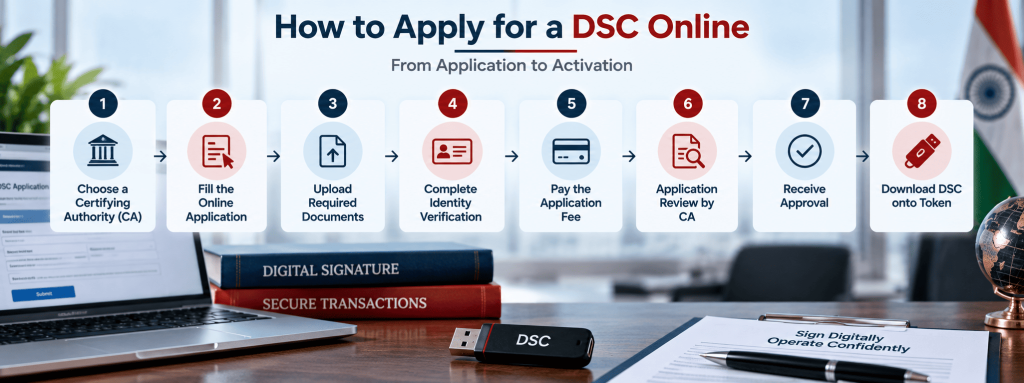 Step-by-step flowchart showing how to apply for a DSC online in India