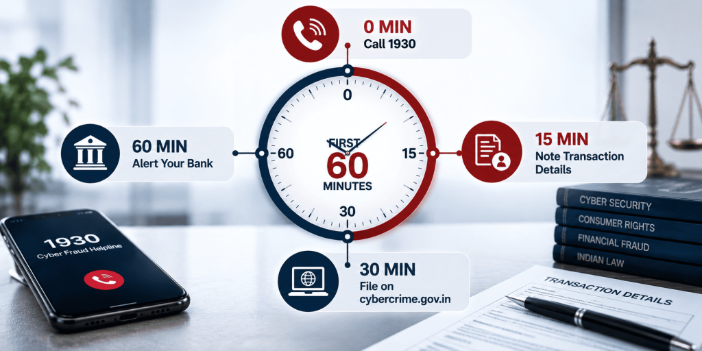 Timeline infographic showing steps to take in the first hour after a money scam in India