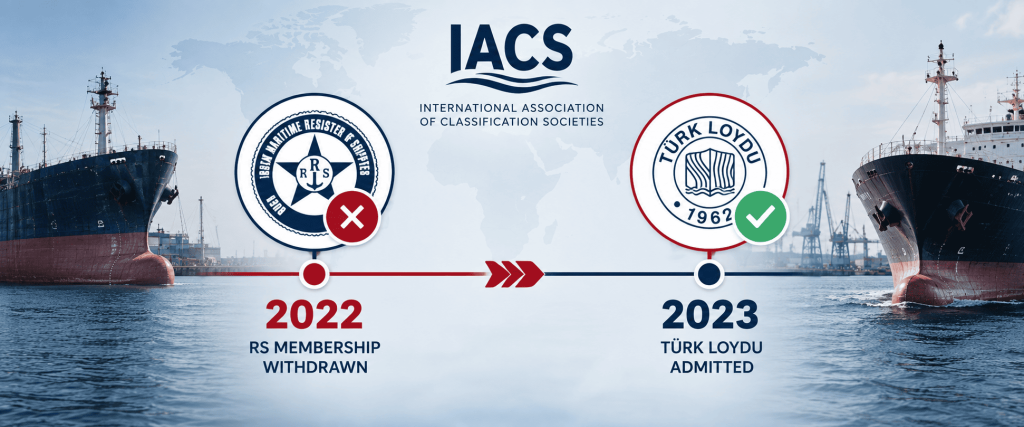 Timeline showing Russian Maritime Register of Shipping leaving IACS and Türk Loydu joining in 2023