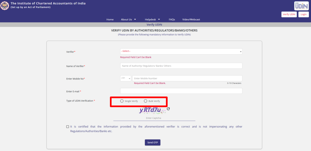 Choose "Single Verify" if you're checking one UDIN, or "Bulk Verify" if you have several to check together.