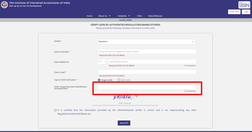 type in the 18-digit UDIN exactly as it appears on the document. Watch out for characters that look alike, like the letter O and the number 0.