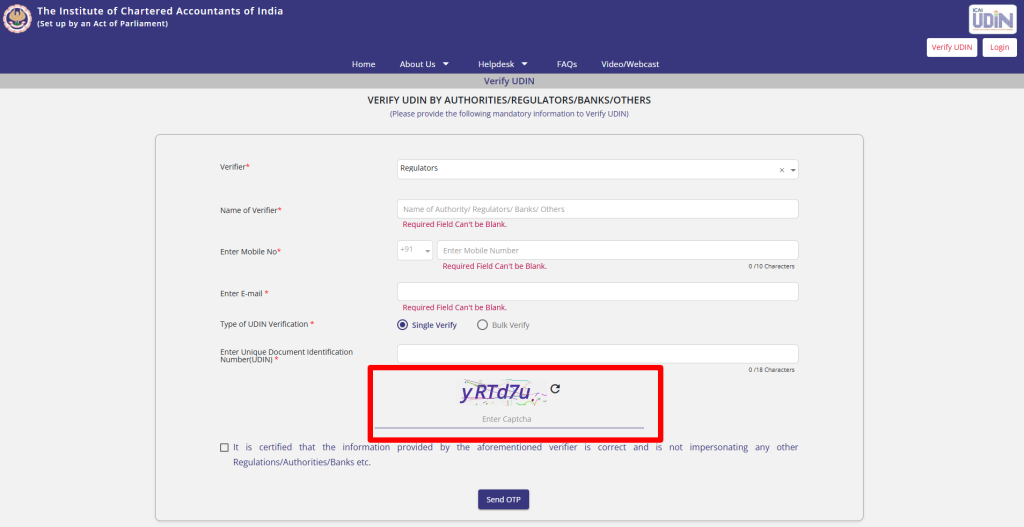 Enter the captcha and tick the declaration confirming you're not impersonating any authority, regulator or bank.
