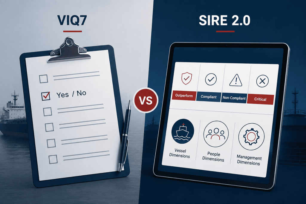 Visual comparison of VIQ7 paper checklist versus SIRE 2.0 digital tablet inspection format