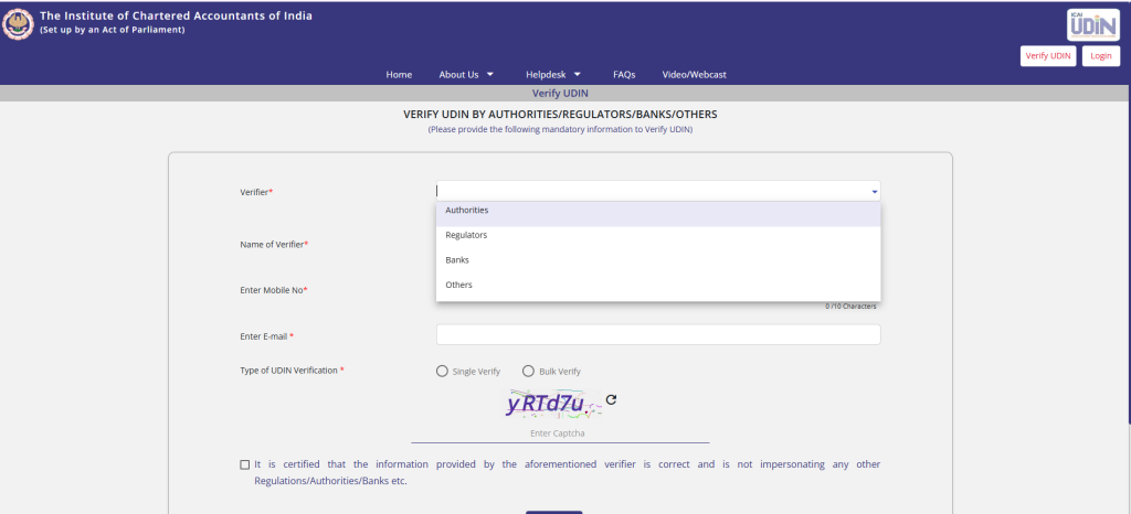 2. Select who you're verifying as, from the dropdown: Authorities, Regulators, Banks, or Others.