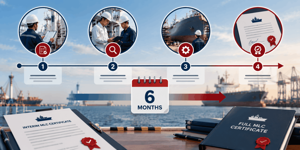 Six-month interim Maritime Labour Certificate timeline leading to full MLC certification
