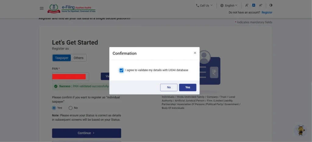 OTP Verification and Confirmation for Income Tax Login