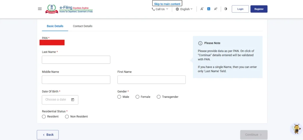 Provide Basic Information for Income Tax Login