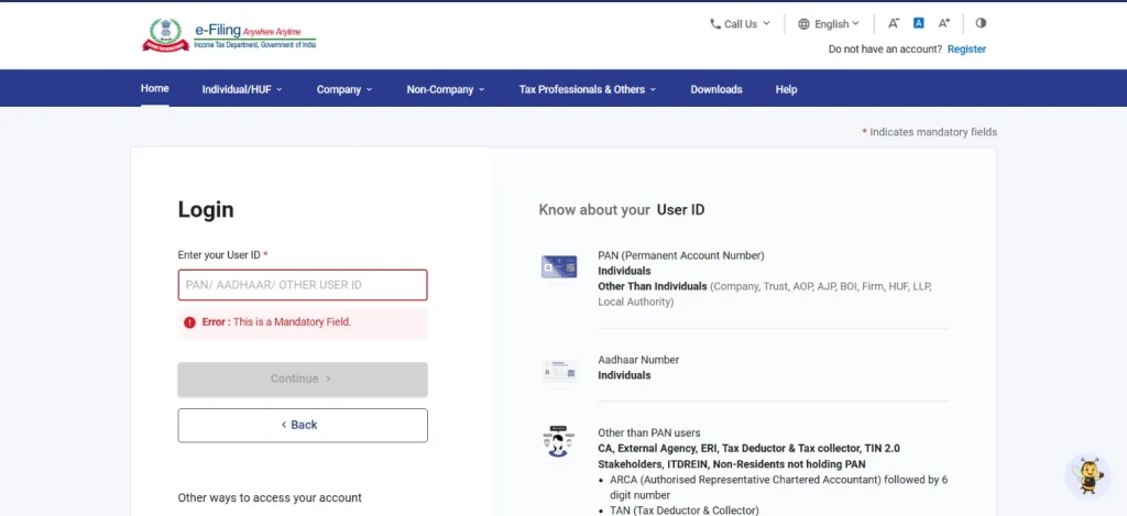 PAN or Aadhaar details for Income Portal Login
