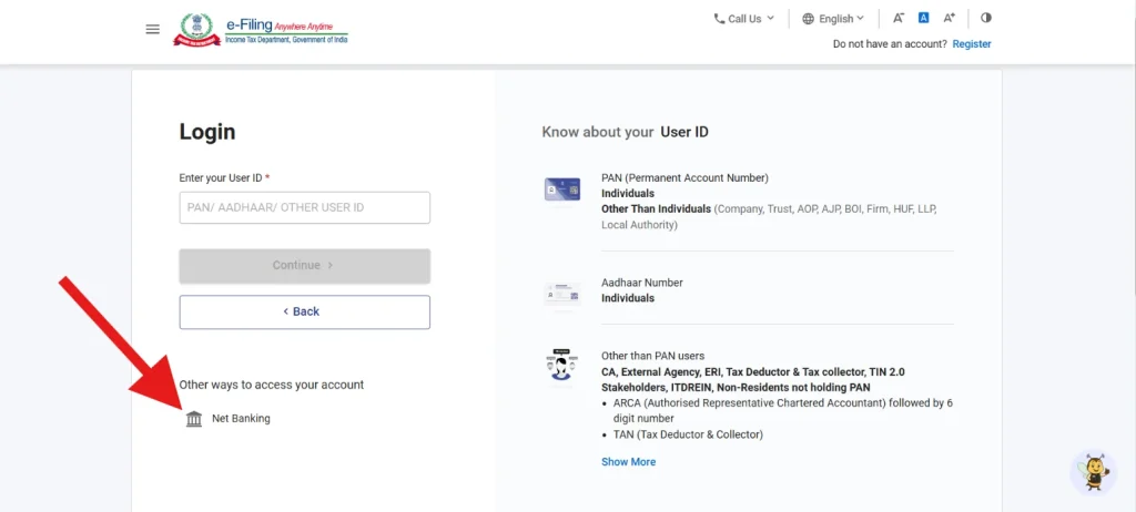 log in to the e-Filing Portal via Net Banking