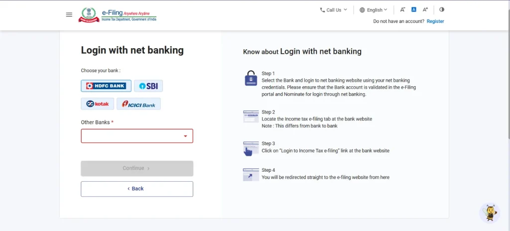 Login with net banking with income tax portal login