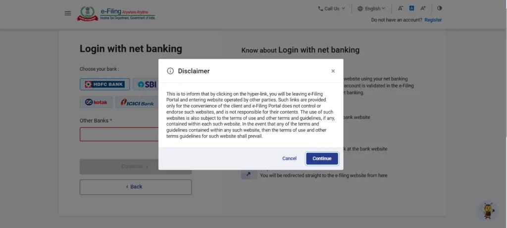 disclaimer for income tax portal login