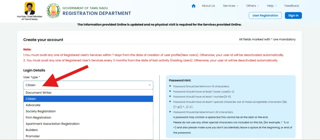 Choose the appropriate user type on Tamil Nadu Property Services Portal