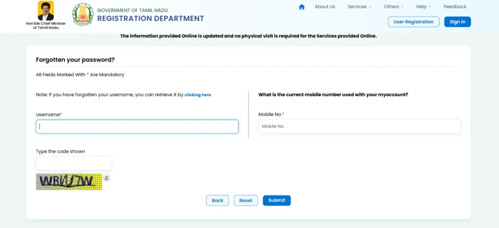 Reset password on portal
