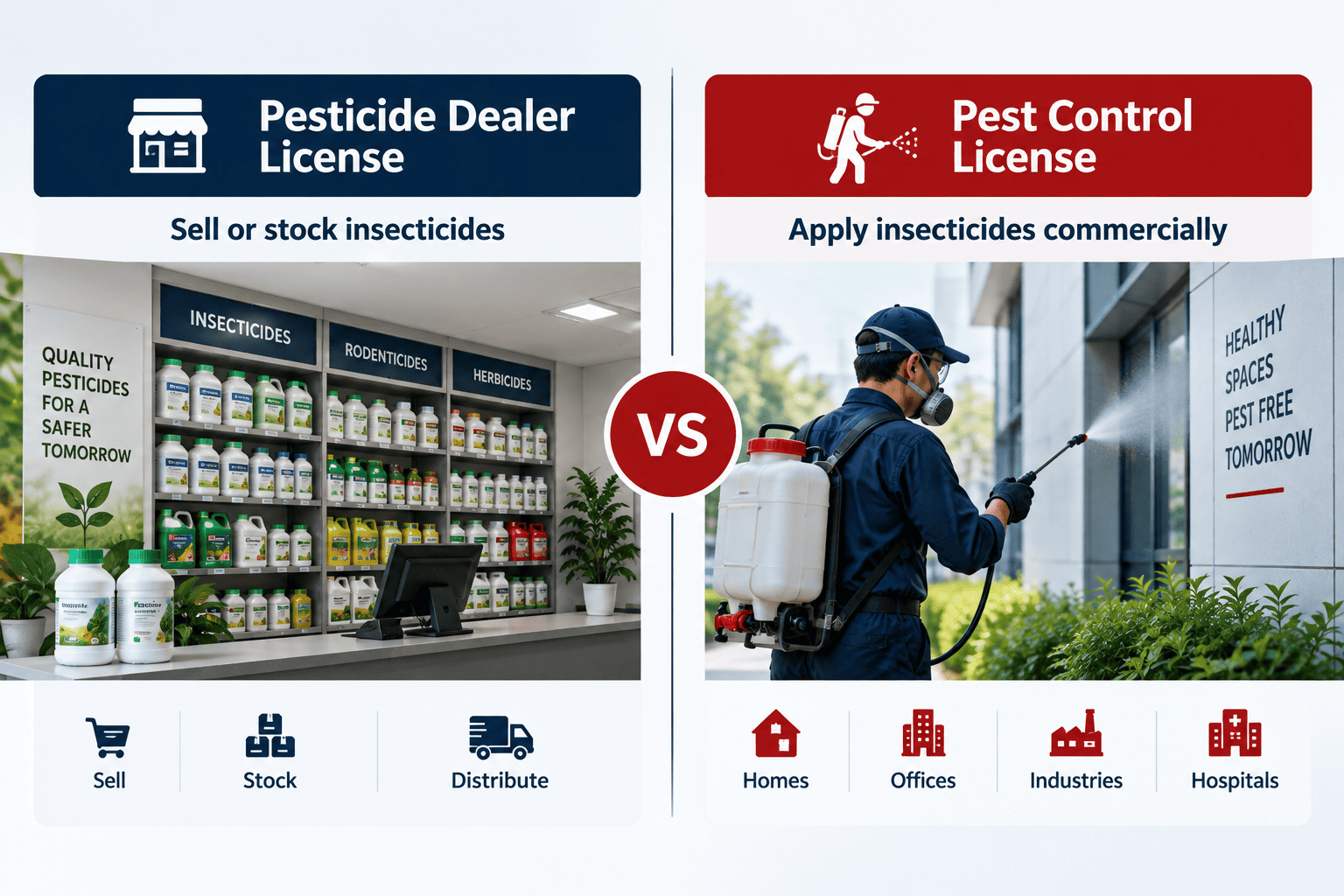 Infographic comparing a pesticide dealer license for selling insecticides with a pest control license for commercial application