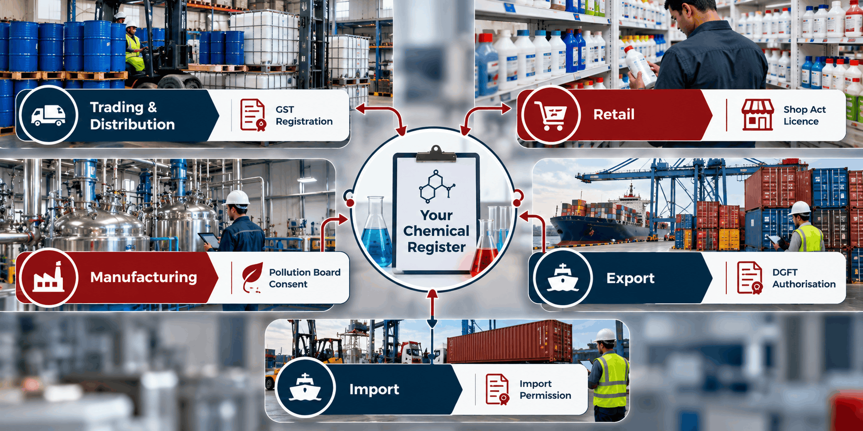 Map of five chemical business types in India with the first approvals each needs