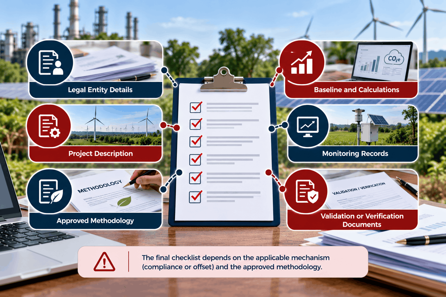 Carbon project documentation checklist for methodology, emissions data, monitoring and verification.