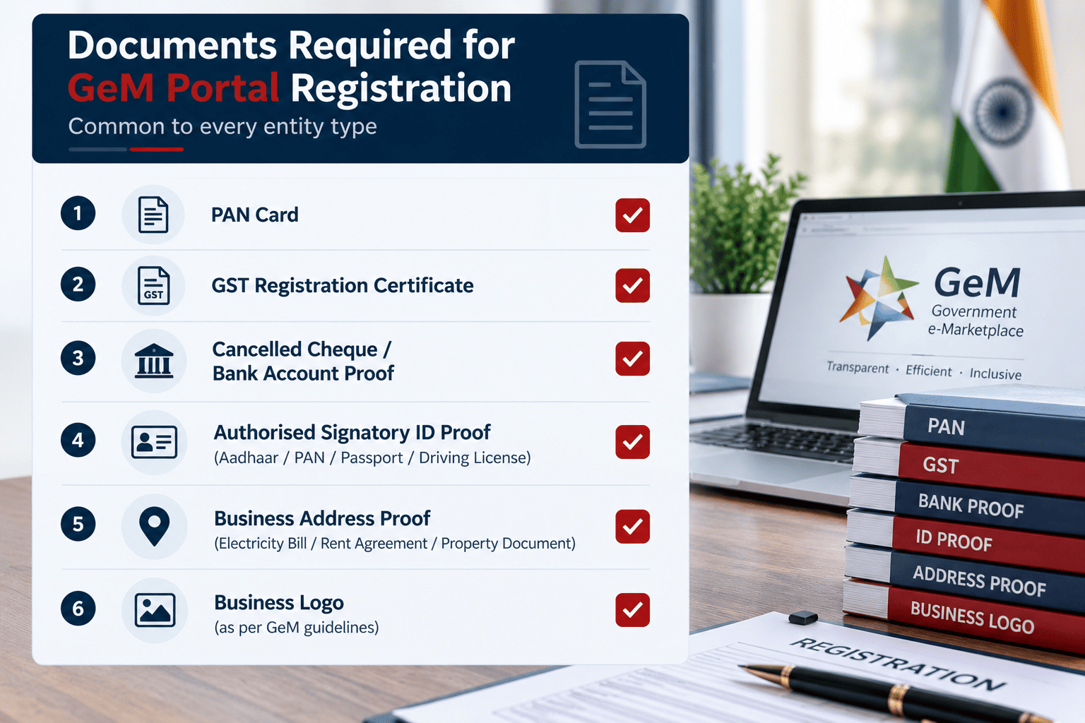 Checklist of documents required for GeM portal seller registration in India