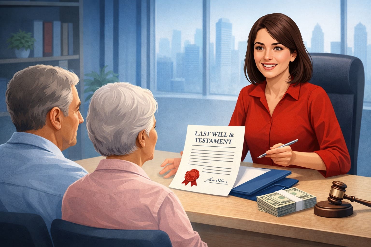 Will drafting services illustration showing legal advisor with will document explaining estate planning and asset distribution